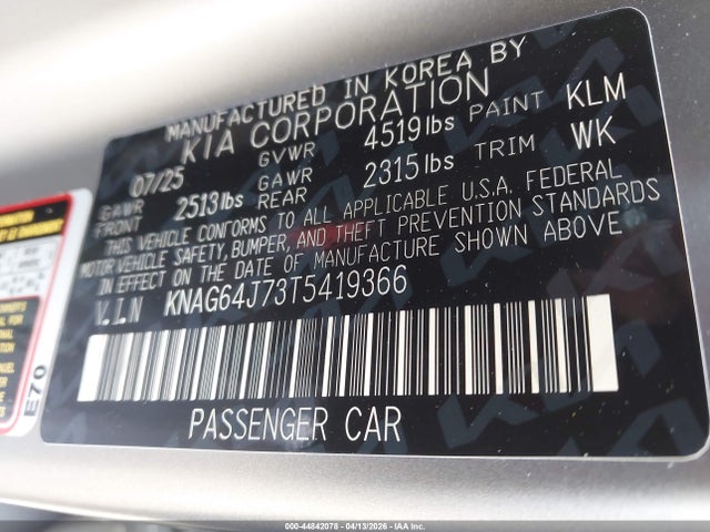 Продажа на аукционе авто 2026 Kia K5 Gt-line Awd, vin: KNAG64J73T5419366, номер лота: 44842078