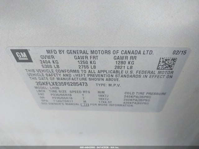 44842088 :رقم المزاد ، 2GKFLXE35F6285473 vin ، 2015 Gmc Terrain Slt-1 مزاد بيع