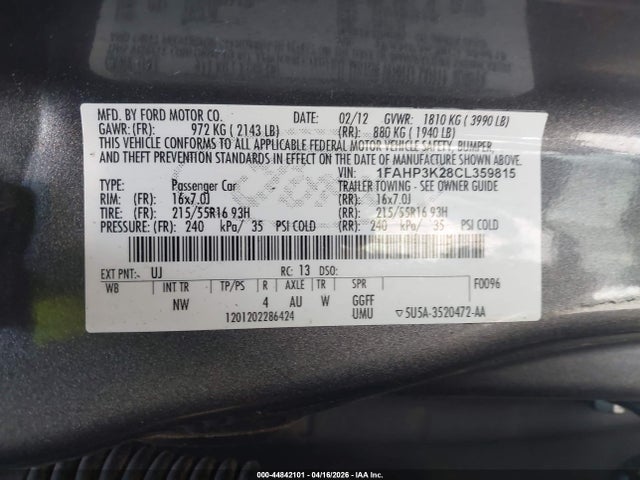 Продажа на аукционе авто 2012 Ford Focus Se, vin: 1FAHP3K28CL359815, номер лота: 44842101