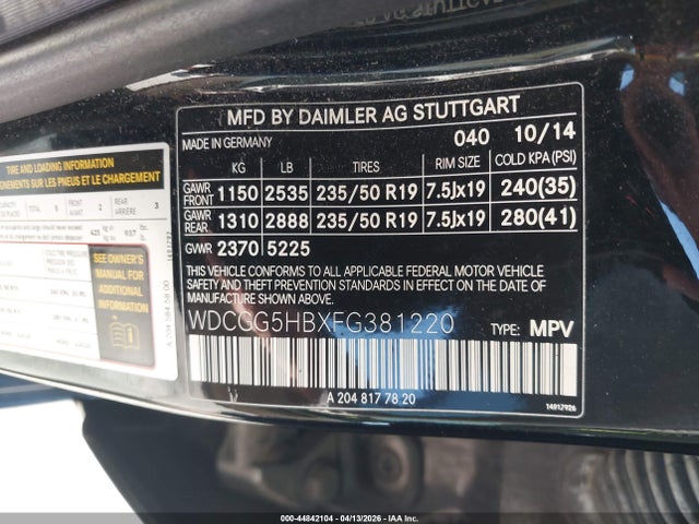 44842104 :رقم المزاد ، WDCGG5HBXFG381220 vin ، 2015 Mercedes-benz Glk 350 مزاد بيع