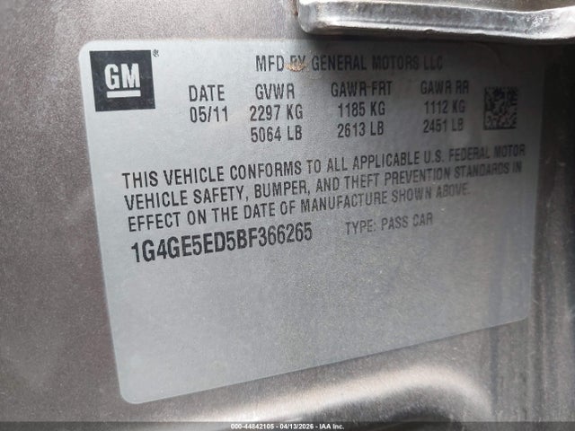 Продажа на аукционе авто 2011 Buick Lacrosse Cxs, vin: 1G4GE5ED5BF366265, номер лота: 44842105