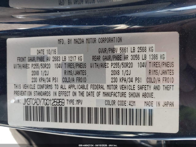 Aukcja sprzedaży 2016 Mazda Cx-9 Grand Touring, vin: JM3TCADY7G0125959, numer aukcji: 44842134