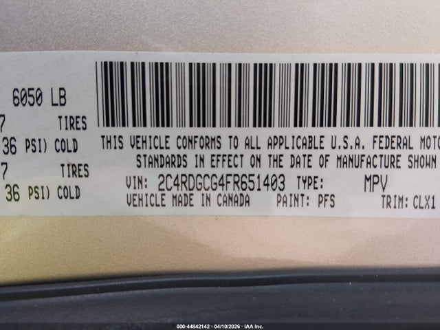 Aukcja sprzedaży 2015 Dodge Grand Caravan Sxt Plus, vin: 2C4RDGCG4FR651403, numer aukcji: 44842142