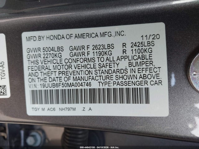 44842158 :رقم المزاد ، 19UUB6F50MA004746 vin ، 2021 Acura Tlx A-spec Package مزاد بيع