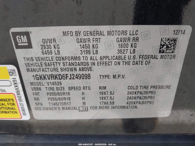 Продаж на аукціоні авто 2015 Gmc Acadia Slt-1, vin: 1GKKVRKD6FJ249098, номер лоту: 44842167