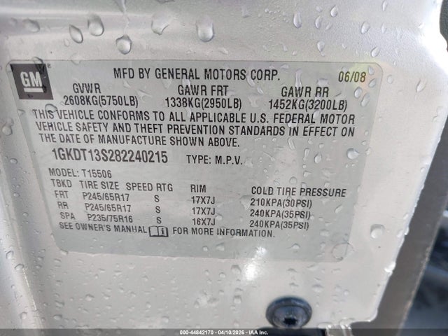 44842170 :رقم المزاد ، 1GKDT13S282240215 vin ، 2008 Gmc Envoy Sle مزاد بيع