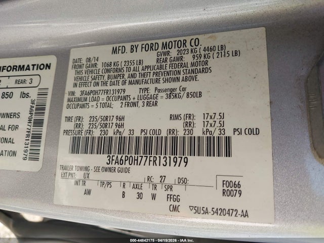 Ford FUSION SE 2015 3FA6P0H77FR131979 Image 9