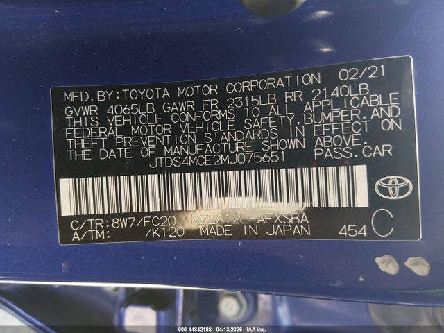 Aukcja sprzedaży 2021 Toyota Corolla Se, vin: JTDS4MCE2MJ075651, numer aukcji: 44842188