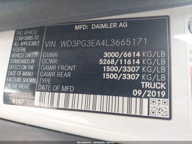 44842191 :رقم المزاد ، WD3PG3EA4L3665171 vin ، 2020 Mercedes-benz Metris مزاد بيع
