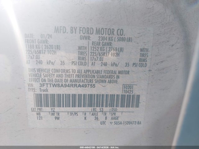 44842199 :رقم المزاد ، 3FTTW8A94RRA49755 vin ، 2024 Ford Maverick Xl مزاد بيع