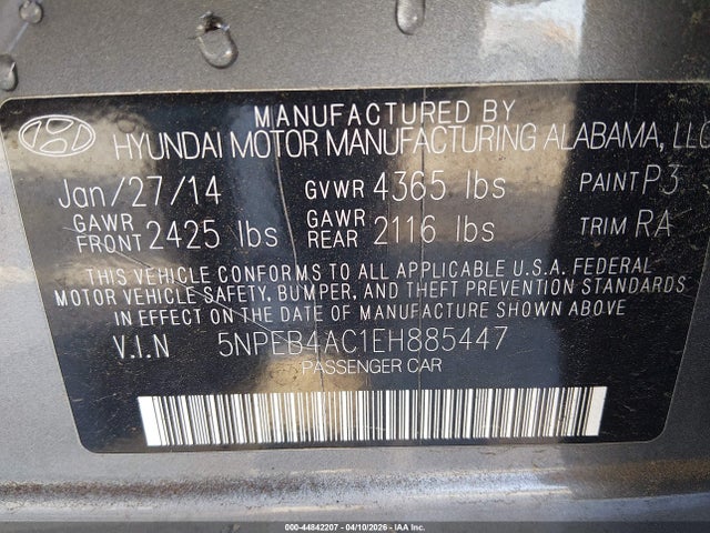 Aukcja sprzedaży 2014 Hyundai Sonata Gls, vin: 5NPEB4AC1EH885447, numer aukcji: 44842207
