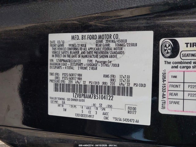 2011 FORD MUSTANG 1ZVBP8AM7B5104122 Photo 8