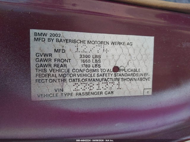 44842224 :رقم المزاد ، 2381371 vin ، 1975 Bmw 2 Series مزاد بيع