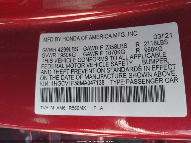1HGCV1F58MA047138 Honda Accord Ex-l