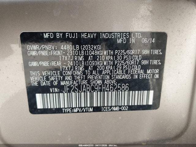 Продажа на аукционе авто 2015 Subaru Forester 2.5i, vin: JF2SJABC9FH462586, номер лота: 44842233