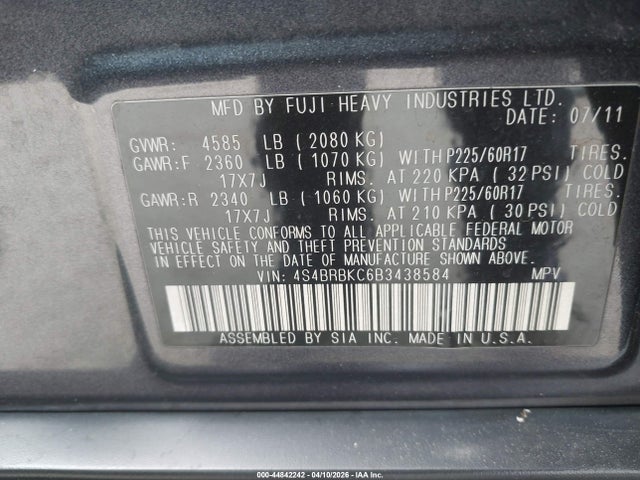 Продаж на аукціоні авто 2011 Subaru Outback 2.5i Limited, vin: 4S4BRBKC6B3438584, номер лоту: 44842242