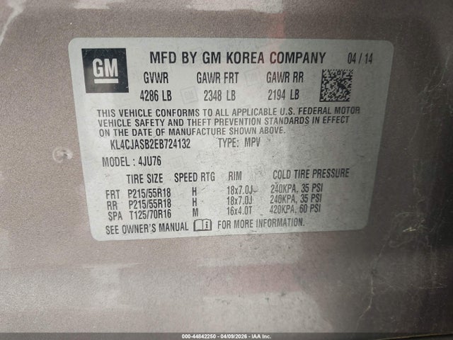 2014 Buick Encore მანქანა იყიდება აუქციონზე, vin: KL4CJASB2EB724132, აუქციონის ნომერი: 44842250