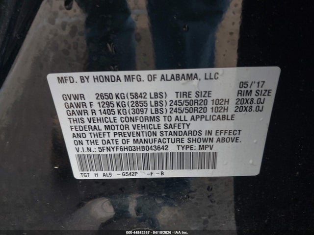 Продаж на аукціоні авто 2017 Honda Pilot Elite, vin: 5FNYF6H03HB043642, номер лоту: 44842267