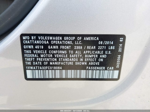 2015 Volkswagen Passat 1.8t S მანქანა იყიდება აუქციონზე, vin: 1VWAT7A32FC018064, აუქციონის ნომერი: 44842281