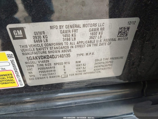 44842290 :رقم المزاد ، 5GAKVDKD4DJ140135 vin ، 2013 Buick Enclave Premium مزاد بيع