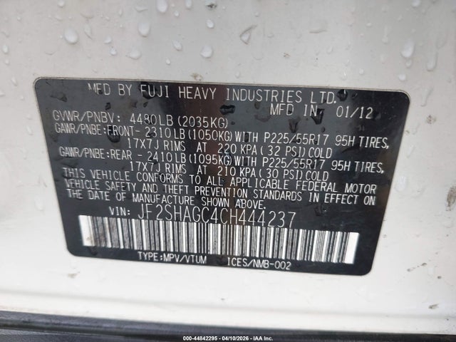 Aukcja sprzedaży 2012 Subaru Forester 2.5x Touring, vin: JF2SHAGC4CH444237, numer aukcji: 44842295