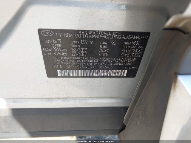 Aukcja sprzedaży 2019 Hyundai Santa Fe Se, vin: 5NMS23AD7KH080485, numer aukcji: 44842299