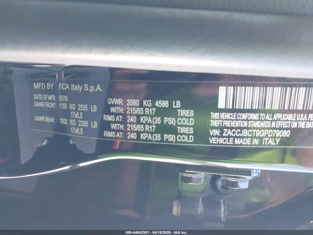 Aukcja sprzedaży 2016 Jeep Renegade Trailhawk, vin: ZACCJBCT9GPD79080, numer aukcji: 44842301