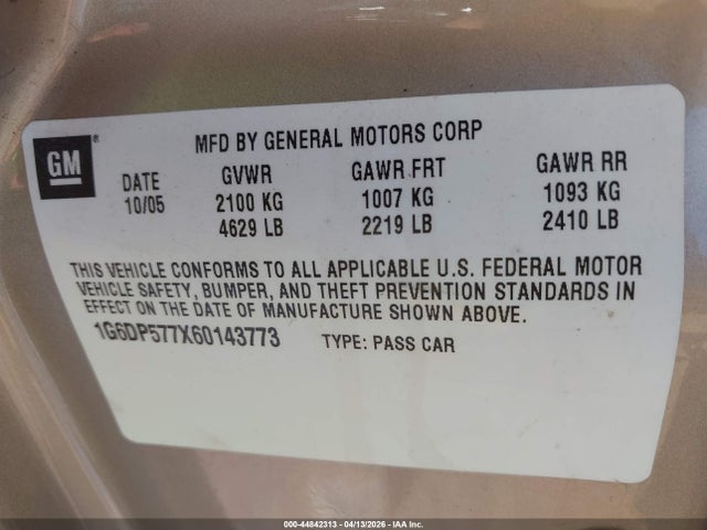 44842313 :رقم المزاد ، 1G6DP577X60143773 vin ، 2006 Cadillac Cts Standard مزاد بيع