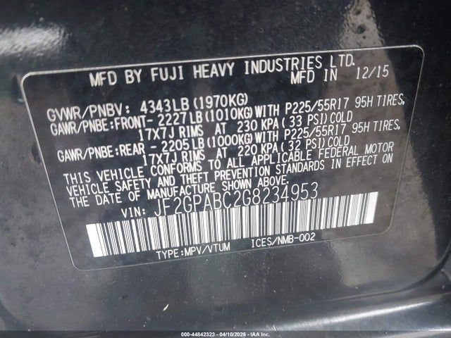 2016 Subaru Crosstrek 2.0i Premium მანქანა იყიდება აუქციონზე, vin: JF2GPABC2G8234953, აუქციონის ნომერი: 44842323