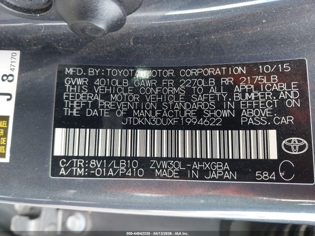 JTDKN3DUXF1994622 Toyota Prius Four