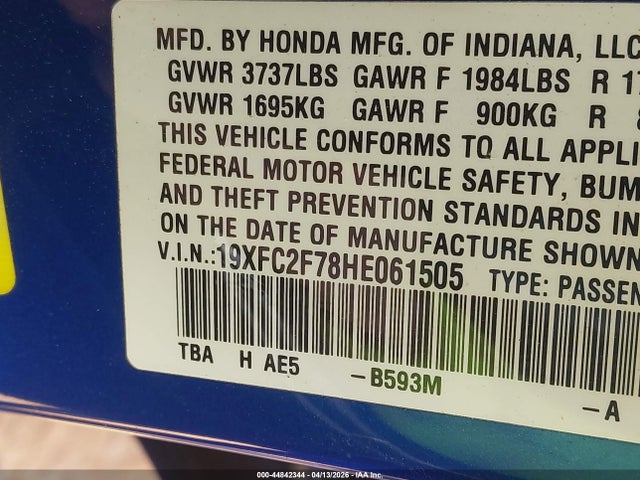 2017 Honda Civic Ex მანქანა იყიდება აუქციონზე, vin: 19XFC2F78HE061505, აუქციონის ნომერი: 44842344