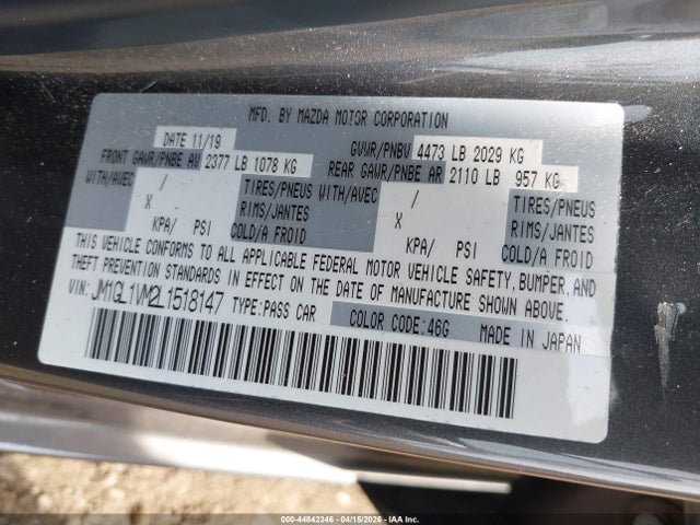 44842346 :رقم المزاد ، JM1GL1VM2L1518147 vin ، 2020 Mazda Mazda6 Touring مزاد بيع