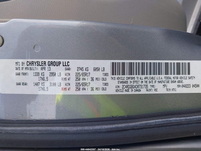 Продажа на аукционе авто 2013 Dodge Grand Caravan Se, vin: 2C4RDGBG4DR731735, номер лота: 44842357