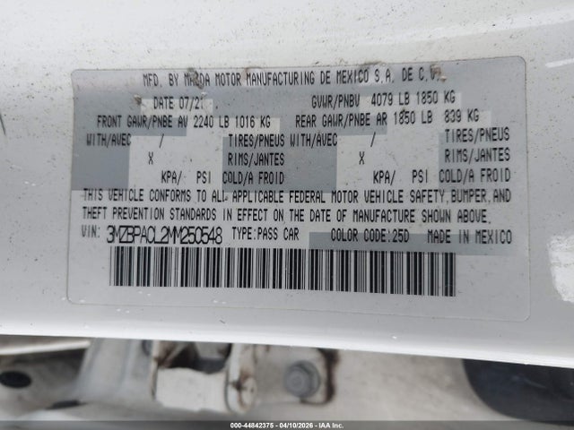 2021 Mazda Mazda3 Preferred მანქანა იყიდება აუქციონზე, vin: 3MZBPACL2MM250548, აუქციონის ნომერი: 44842375