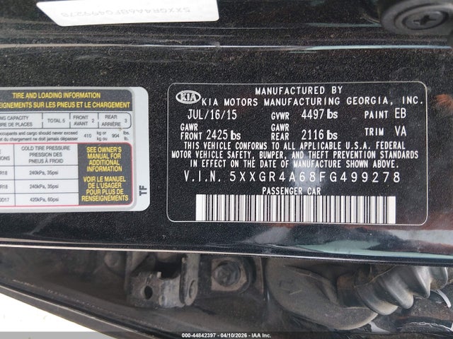 2015 Kia Optima Sx Turbo მანქანა იყიდება აუქციონზე, vin: 5XXGR4A68FG499278, აუქციონის ნომერი: 44842397