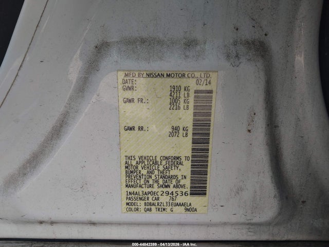 44842399 :رقم المزاد ، 1N4AL3AP0EC294536 vin ، 2014 Nissan Altima 2.5 S مزاد بيع