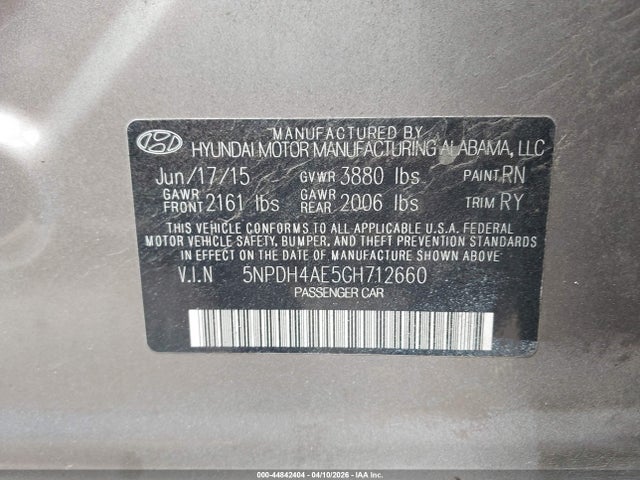 Aukcja sprzedaży 2016 Hyundai Elantra Limited, vin: 5NPDH4AE5GH712660, numer aukcji: 44842404
