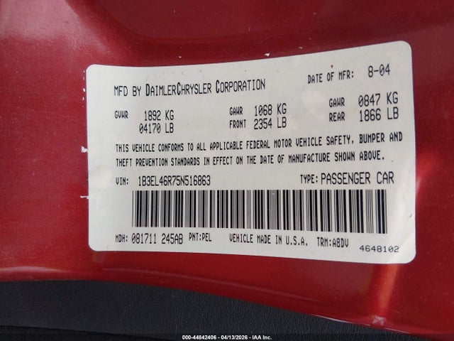2005 Dodge Stratus Sxt მანქანა იყიდება აუქციონზე, vin: 1B3EL46R75N516863, აუქციონის ნომერი: 44842406