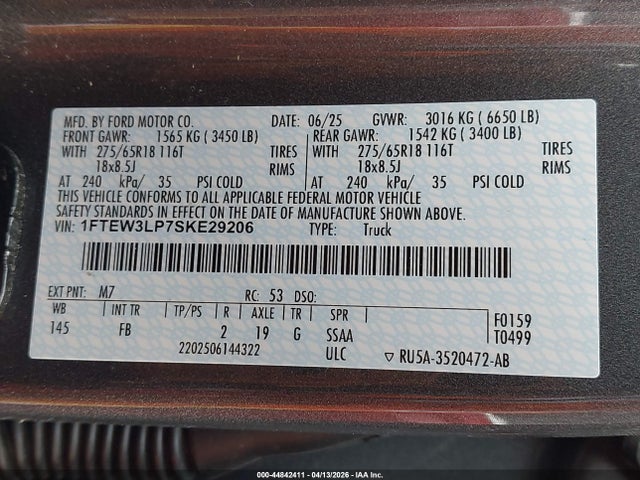 44842411 :رقم المزاد ، 1FTEW3LP7SKE29206 vin ، 2025 Ford F-150 Xlt مزاد بيع