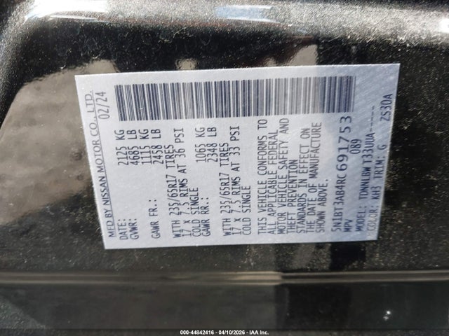 44842416 :رقم المزاد ، 5N1BT3AB4RC691753 vin ، 2024 Nissan Rogue S Intelligent Awd مزاد بيع