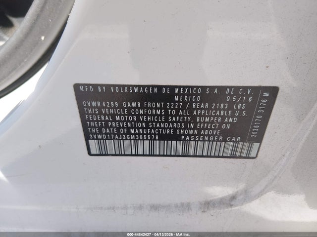44842427 :رقم المزاد ، 3VWD17AJ2GM385578 vin ، 2016 Volkswagen Jetta 1.8t Sport مزاد بيع