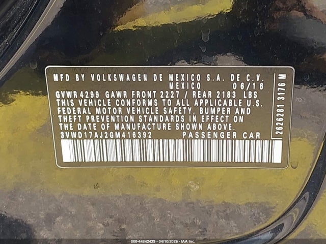 Продаж на аукціоні авто 2016 Volkswagen Jetta 1.8t Sport, vin: 3VWD17AJ2GM416392, номер лоту: 44842429
