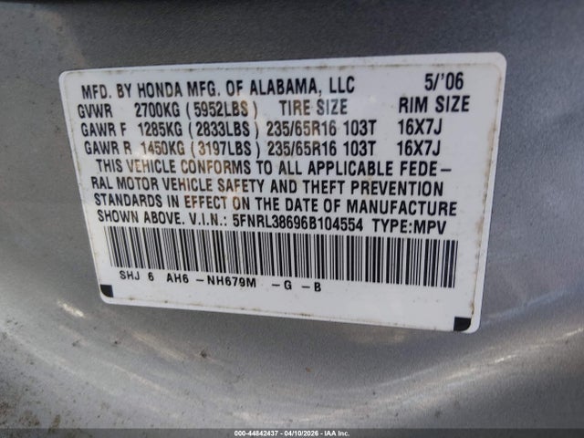 44842437 :رقم المزاد ، 5FNRL38696B104554 vin ، 2006 Honda Odyssey Ex-l مزاد بيع