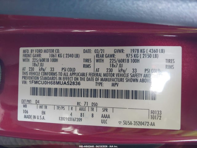 44842448 :رقم المزاد ، 1FMCU0H68MUA52836 vin ، 2021 Ford Escape Sel مزاد بيع