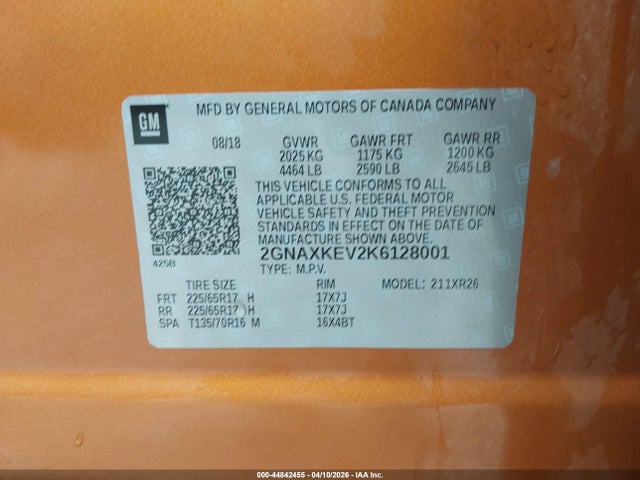 Продажа на аукционе авто 2019 Chevrolet Equinox Lt, vin: 2GNAXKEV2K6128001, номер лота: 44842455