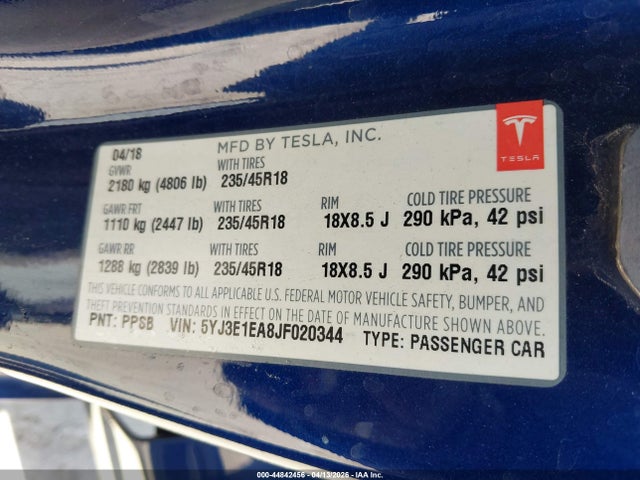 Aukcja sprzedaży 2018 Tesla Model 3 Long Range/mid Range, vin: 5YJ3E1EA8JF020344, numer aukcji: 44842456