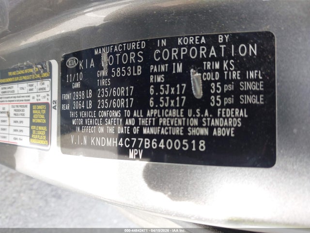Aukcja sprzedaży 2011 Kia Sedona Ex, vin: KNDMH4C77B6400518, numer aukcji: 44842471
