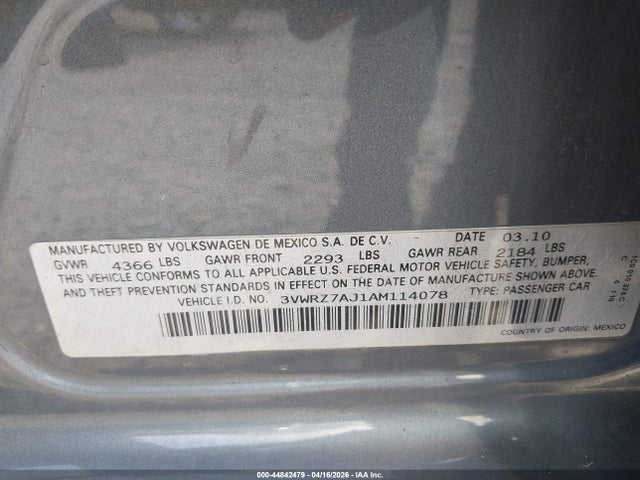 Aukcja sprzedaży 2010 Volkswagen Jetta Limited Edition, vin: 3VWRZ7AJ1AM114078, numer aukcji: 44842479