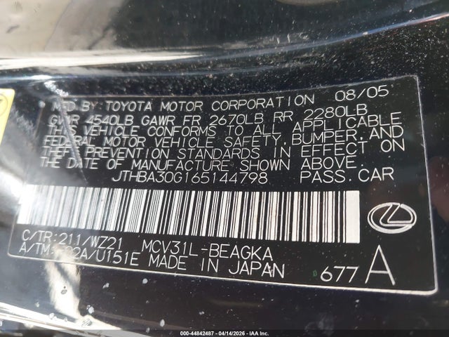 44842487 :رقم المزاد ، JTHBA30G165144798 vin ، 2006 Lexus Es 330 مزاد بيع