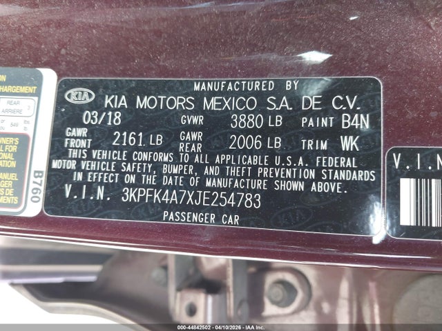 3KPFK4A7XJE254783 KIA FORTE LX